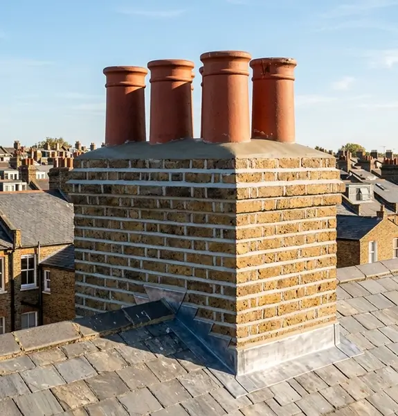 Repaired chimney stack with new flaunching, repointing and terracotta pots
