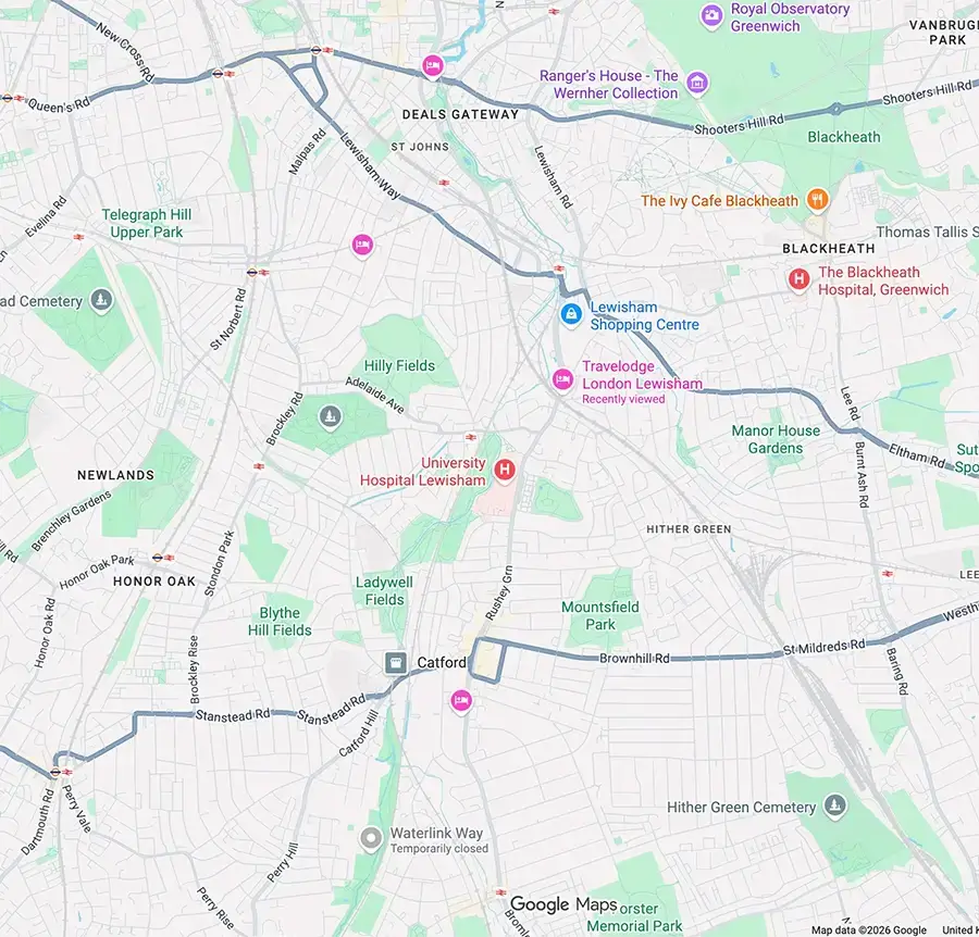 Map showing roofing coverage across the London Borough of Lewisham