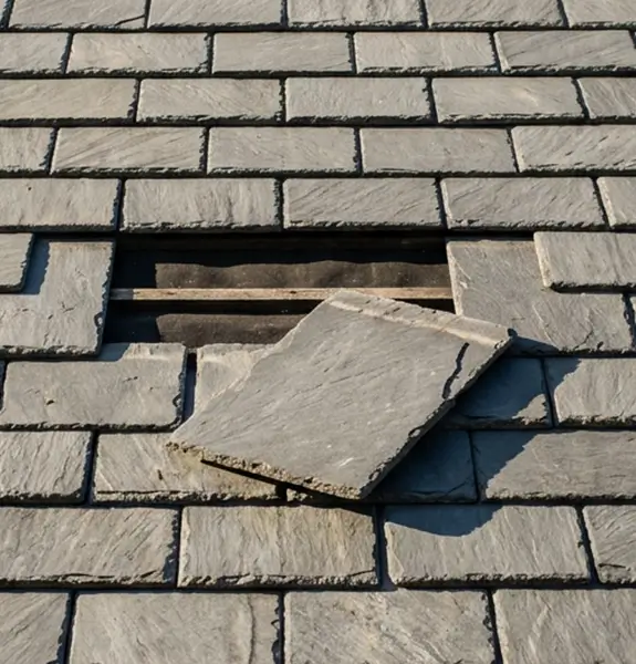 Completed grey tiled roof with repaired chimney